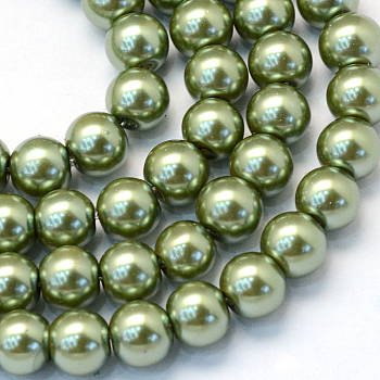 Baking Painted Pearlized Glass Pearl Round Bead Strands, Olive Drab, 6~7mm, Hole: 1mm, about 135~140pcs/strand, 31.4 inch