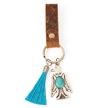 Cowhide Leather Keychain, with Nylon Tassels & Alloy Synthetic Turquoise Big Pendants, Antique Silver & Platinum, 15cm