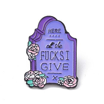 Word Here Lies All The Fucks I Give Enamel Pin, Electrophoresis Black Alloy Gothic Tombstone Brooch for Backpack Clothes, Medium Slate Blue, 39x28x1.5mm, Pin: 1mm