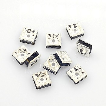Brass Rhinestone Spacer Beads, Square, Nickel Free, Jet, Silver Color Plated, 8x8x4mm, Hole: 1mm