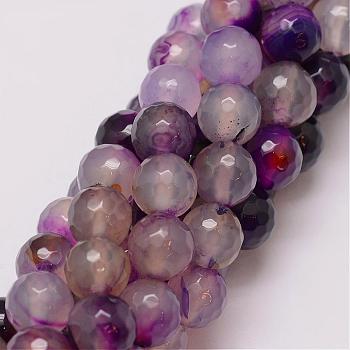 Natural Striped Agate/Banded Agate Bead Strands, Dyed, Faceted, Round, Medium Orchid, 10mm, Hole: 1.5mm, about 38pcs/strand, 14 inch
