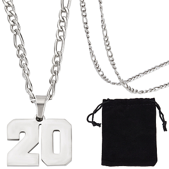 1Pc 304 Stainless Steel Figaro Chain Number Pendant Necklaces, 1Pc Rectangle Velvet Pouches, Stainless Steel Color, 24.21 inch(61.5cm), Pendant: 19x22mm