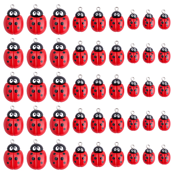 30Pcs 3 Styles Opaque Resin Pendants, with Iron Loop, Ladybug, Red, 19~29x11~18.5x5~7.5mm, Hole: 2mm, 10pcs/style