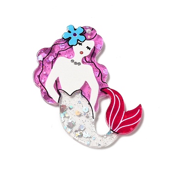 Transprent Acrylic Big Pendants, with Sequins, Mermaid Charm, Violet, 50.5x42.5x2.5mm, Hole: 1.6mm