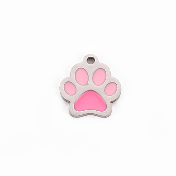 304 Stainless Steel Enamel Charms, Stainless Steel Color, Dog Paw Prints, Hot Pink, 13x12x1mm, Hole: 1.5mm
