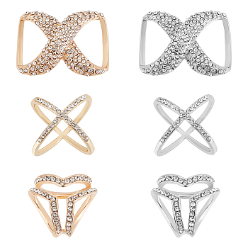 6Pcs 6 Style Crystal Infinity-shaped & X-shape & Three Ring Shape Rhinestone Scarf Buckle Rings, Wire Wrap Alloy Clasps Holder for Clothing Scarf, Platinum & Golden, 21~28x24~41x18~21.5mm, 1pc/style