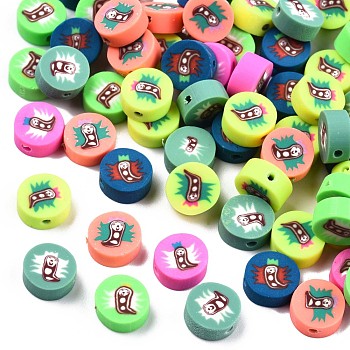 Handmade Polymer Clay Beads, Flat Round with Ghost, Mixed Color, 9.5x4.5mm, Hole: 1.2mm