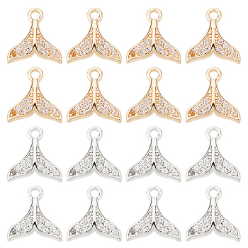 DICOSMETIC 16Pcs 2 Colors Brass Micro Pave Clear Cubic Zirconia Charms, Cadmium Free & Lead Free, Fishtail Shaped, Real Gold Plated & Real Platinum Plated, 11x10.5x2mm, Hole: 1.6mm, 8pcs/color