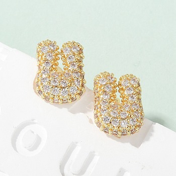 Brass Micro Pave Cubic Zirconia Stud Earrings, Rack Plating, Long-Lasting Plated, Real 18K Gold Plated, Letter U, 13x10mm