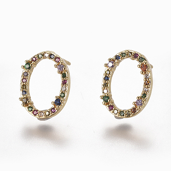 Brass Micro Pave Cubic Zirconia Studs Earrings, Oval, Colorful, 13.5x10x3mm, Pin: 0.7mm