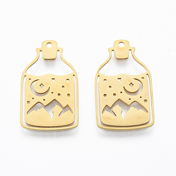 201 Stainless Steel Pendants, Bottle with Moon, Real 18K Gold Plated, 24.5x15x1mm, Hole: 1.6mm