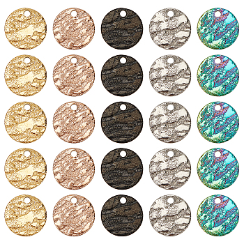 PandaHall Elite PVD Vacuum Plating 304 Stainless Steel Charms, Textured, Laser Cut, Flat Round, Mixed Color, 10.5x1mm, Hole: 8mm, 5 colors, 10pcs/color, 50pcs/box