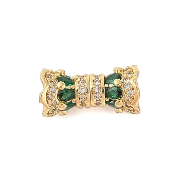 Rack Plating Brass Micro Pave Clear Cubic Zirconia Screw Clasps, Long-Lasting Plated, Lead Free & Cadmium Free, Flower, Green, Golden, 15x7mm, Hole: 2mm