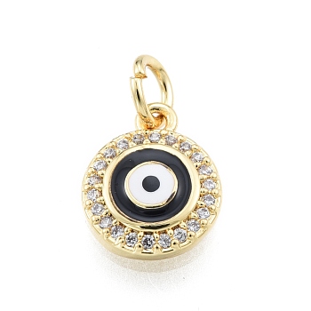 Brass Micro Pave Clear Cubic Zirconia Charms, with Enamel and Jump Rings, Golden, Flat Round with Evil Eye, Black, 11x9.5x2mm, Hole: 3mm