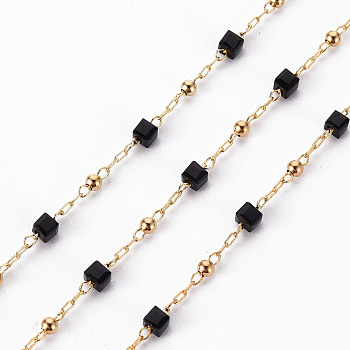 Handmade Acrylic Beaded Chains, with Brass Findings, Soldered, Spool, Square, Real 18K Gold Plated, Black, 2.5x2.5x2.5mm, 2x0.8x0.2mm, about 16.4 Feet(5m)/roll