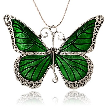 Alloy Enamel Big Pendants, Butterfly, Antique Silver, Green, 64x86x3mm, Hole: 3.5mm and 2.5mm
