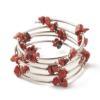 5-Loop Natural Red Jasper Chip Beaded Wrap Bracelets for Women, Steel Memory Wire Bracelet, Platinum, Inner Diameter: 2-1/8 inch(5.45cm)