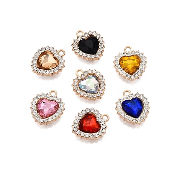 Alloy Glass Pendants, with Rhinestone, Cadmium Free & Lead Free, Heart Charms, Mixed Color, 18x16x4.5mm, Hole: 2mm