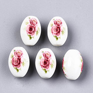 Printed & Spray Painted Opaque Glass Beads, Oval with Floral Pattern, White, 15x10mm, Hole: 1.6mm(GLAA-S047-07B-B03)