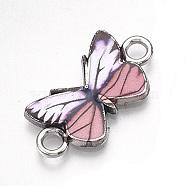Printed Alloy Connector Charms, with Enamel, Butterfly Link, Cadmium Free & Lead Free, Platinum, Pink, 12x23x2mm, Hole: 2.5mm(PALLOY-TAC0032-11B)