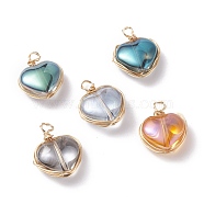 Electroplated Glass Pendants, with Copper Findings, Heart, Golden, Mixed Color, 14x12x5.5mm, Hole: 2.5mm(PALLOY-JF01196)