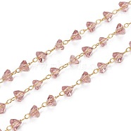 3.28 Feet Handmade Glass Beaded Chains, with Golden Tone Brass Findings, Soldered, Long-Lasting Plated, Triangle, Faceted, Flamingo, 3.5~4x4~4.5x3mm(X-KK-I647-15A)