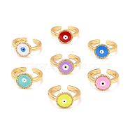 Flat Round with Evil Eye Cubic Zirconia Cuff Ring for Women, Real 18K Gold Plated Brass Enamel Open Ring, Cadmium Free & Lead Free, Mixed Color, US Size 7 3/4(17.9mm)(RJEW-C004-18-RS)