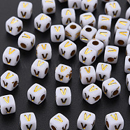 Opaque White Acrylic Beads, Metal Enlaced, Cube with Letters, Letter.V, 4.5mm, Hole: 2mm, about 5000pcs/500g(MACR-Q242-010V)