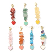 Natural & Synthetic Gemstone Chip Beaded Pendant Decorations, Heart Alloy Enamel and 304 Stainless Steel Lobster Claw Clasps Charm, Mixed Color, 56mm, about 7pcs/set(HJEW-JM01197)
