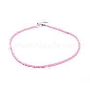Glass Seed Beaded Necklaces, with Brass Crimp Beads and 304 Stainless Steel Lobster Claw Clasps, Pearl Pink, 18.3 inch(46.5cm)(NJEW-JN02466-01)
