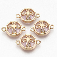 Glass Links connectors, with Light Gold Plated Alloy Findings, Flat Round with Cross, Pearl Pink, 13.5x19.5x5.5mm, Hole: 1.6mm(X-GLAA-T015-12G)