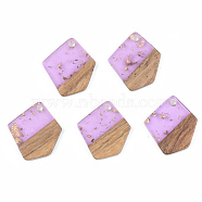 Transparent Resin & Walnut Wood Pendants, with Foil, Polygon, Violet, 21x18.5x3mm, Hole: 2mm(RESI-S389-033A-B01)