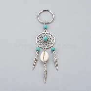 Cowrie Shell Keychain, with Tibetan Style Alloy Findings, Synthetic Turquoise Beads, 316 Surgical Stainless Steel Keychain Clasp, Turquoise, 124mm(KEYC-JKC00180)