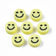 Handmade Polymer Clay Beads, Flat Round with Smiling Face, Champagne Yellow, 8~9x4mm, Hole: 1.5mm(X-CLAY-S096-010I)