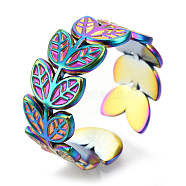304 Stainless Steel Leaf Cuff Rings, Wide Band Rings, Open Rings for Women Girls, Rainbow Color, US Size 7(17.7mm)(RJEW-N038-110M)