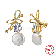 925 Sterling Silver Bowknot Stud Earrings, Natural Pearl & Cubic Zirconia Drop Earrings, with S925 Stamp, Real 14K Gold Plated, 12x30mm(EJEW-Z041-03G)