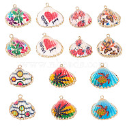 CHGCRAFT 14Pcs 7 Style Electroplate Printed Natural Scallop Shell Pendants, Sea Shell Pendants, with Golden Brass Loops, Mixed Patterns, 22~23x23~24x8~8.5mm, Hole: 1.8mm, 2pcs/style(SSHEL-CA0001-10)