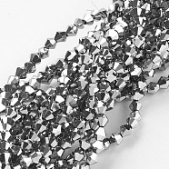 1 Strang facettierte Doppelkegel-Elektroplattierglas-Perlenstränge, Voll plattiert, Silber, 3x3 mm, Bohrung: 1 mm, ca. 128~135 Stk. / Strang, 12.2 Zoll(X-EGLA-J026-3mm-F19)