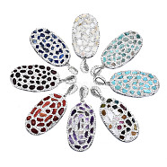 Polymer Clay Rhinestone Pendants, with Natural & Synthetic Gemstone Chip, Natural Shell Chip and PU Leather, Oval, Platinum, 55~56x30~31x6~7mm, Hole: 9x5mm(RB-S056-15A-P)