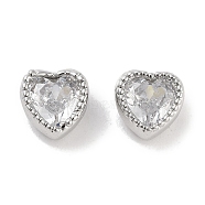 Brass with Single Clear Cubic Zirconia Beads, Heart, Platinum, 6x6x4mm, Hole: 1mm(KK-C051-33P)