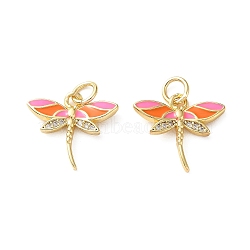Brass Micro Pave Clear Cubic Zirconia Pendants, with Enamel, Dragonfly Charms, Real 18K Gold Plated, Pink, 14.5x16.5x2.5mm, Hole: 3.5mm(CU-CBA2554-02G-02)