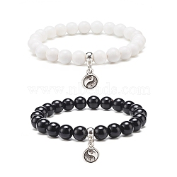 2Pcs 2 Color Natural Mashan Jade Round Beaded Stretch Bracelets Set with Alloy Yin Yang Charms, Gemstone Jewelry for Women, White and Black, Inner Diameter: 2-1/8 inch(5.4cm), 1Pc/color(BJEW-JB08445)