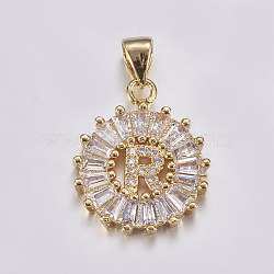 Long-Lasting Plated & Rack Plating Brass Micro Pave Cubic Zirconia Letter Pendants, Flat Round, Real 18K Gold Plated, Letter.R, 19x15.5x2.5mm, Hole: 3.5x4mm(ZIRC-A007-03R-G)