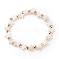 Natural Shell Star Beaded Stretch Bracelet with Brass for Women, Seashell Color, Inner Diameter: 2-1/4 inch(5.6cm)(BJEW-JB08324)