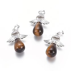 Natural Tiger Eye Pendants, with Platinum Tone Brass Findings, Angel, 39x28x14mm, Hole: 5x7mm(G-J386-G08)