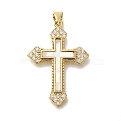 Brass Micro Pave Cubic Zirconia Pendants, with Shell, Cross Charms, with Jump Ring, Real 16K Gold Plated, 35.5x24.5x2.5mm, Hole: 4mm(KK-R002-06G)