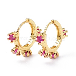 Brass Inlaid Cubic Zirconia Hoop Earrings, Real 18K Gold Plated, Cadmium Free & Lead Free, Flower, Deep Pink, 16x18.5x4mm, Pin: 0.8mm(ZIRC-P090-17G-B)
