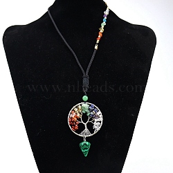 Chakra Themed Natural & Synthetic Mixed Gemstone Chips Beaded Tree of Life Pendant Necklaces, Platinum Brass Wire Wrap Necklace with Mixed Stone Chips, 25.98 inch(66cm)(PW-WG76643-01)