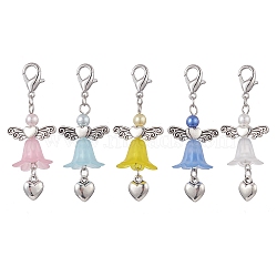 Angel Acrylic Pendant Decorations, Alloy Heart Lobster Claw Clasps Charms, Mixed Color, 57mm(HJEW-JM01022)