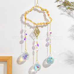 Natural Yellow Quartz Copper Wire Wrapped Cloud Hanging Ornaments, Teardrop Glass Tassel Suncatchers for Home Outdoor Decoration, 420mm(PW-WG49920-05)